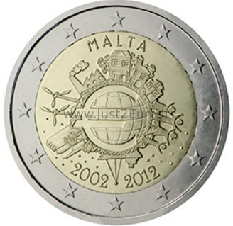 2 Евро монета 2012 Мальта – ДЕСЯТЬ ЛЕТ ЕВРО