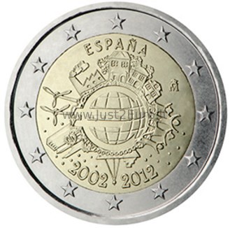 2 Евро монета 2012 Испания –  Десять лет евро