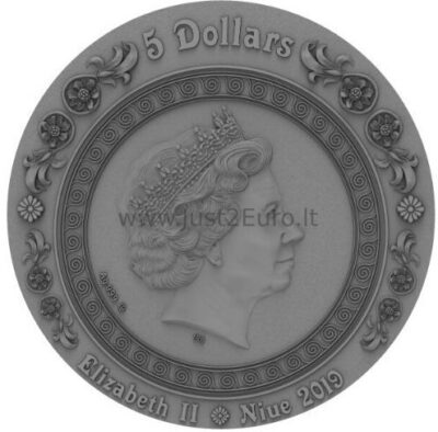 1$ 2 oz Antique Finish Silver Coin 2019 Niue - Athena and Minerva Goddesses 2 5$ 2 oz antikinio stiliaus sidabrinė moneta 2019 Niue - Athena ir Minerva Deivės