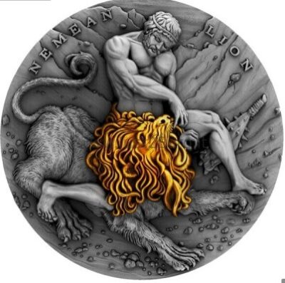 5$ 2 oz antikinio stiliaus sidabrinė moneta 2018 Niue –  Niemeno liūtas, dvylika Herkuleso žygdarbių