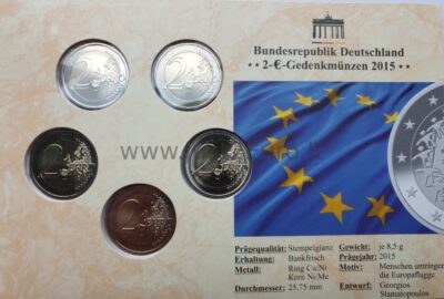 2 eurų monetos 2015 Vokietija – 30 metų EU vėliavai A, D, J, F, G