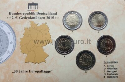 2 eurų monetos 2015 Vokietija – 30 metų EU vėliavai A, D, J, F, G
