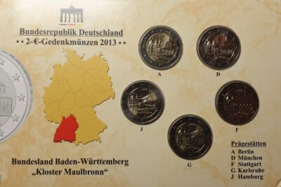 2 euro coins set 2013 Germany – Wurttemberg A, D, F, G, J 2 euro coins set 2013 Germany – Wurttemberg A, D, F, G, J